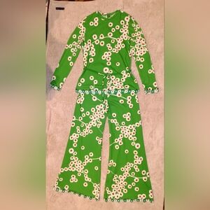 True Vintage Retro Groovy Green Floral Two-Piece Bellbottom Set